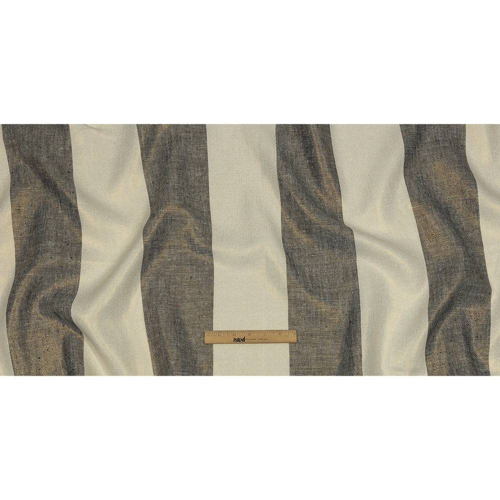 Navy and Tofu Awning Striped Medium Weight Linen Woven with Gold Foil