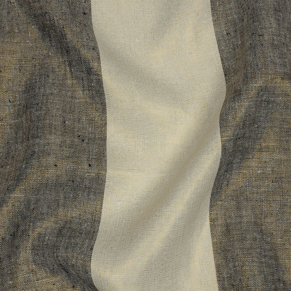 Navy and Tofu Awning Striped Medium Weight Linen Woven with Gold Foil