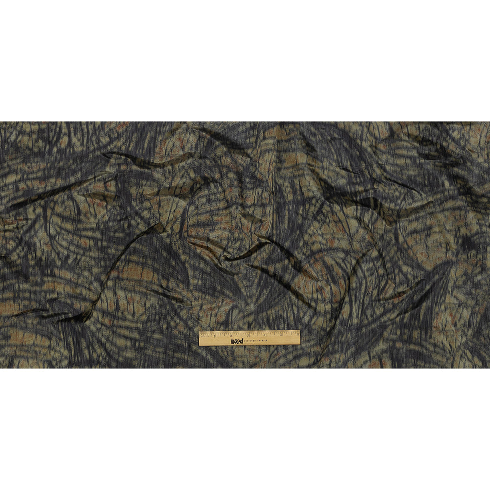 Italian Olive, Orange and Black Abstract Warp Printed Polyester Faille