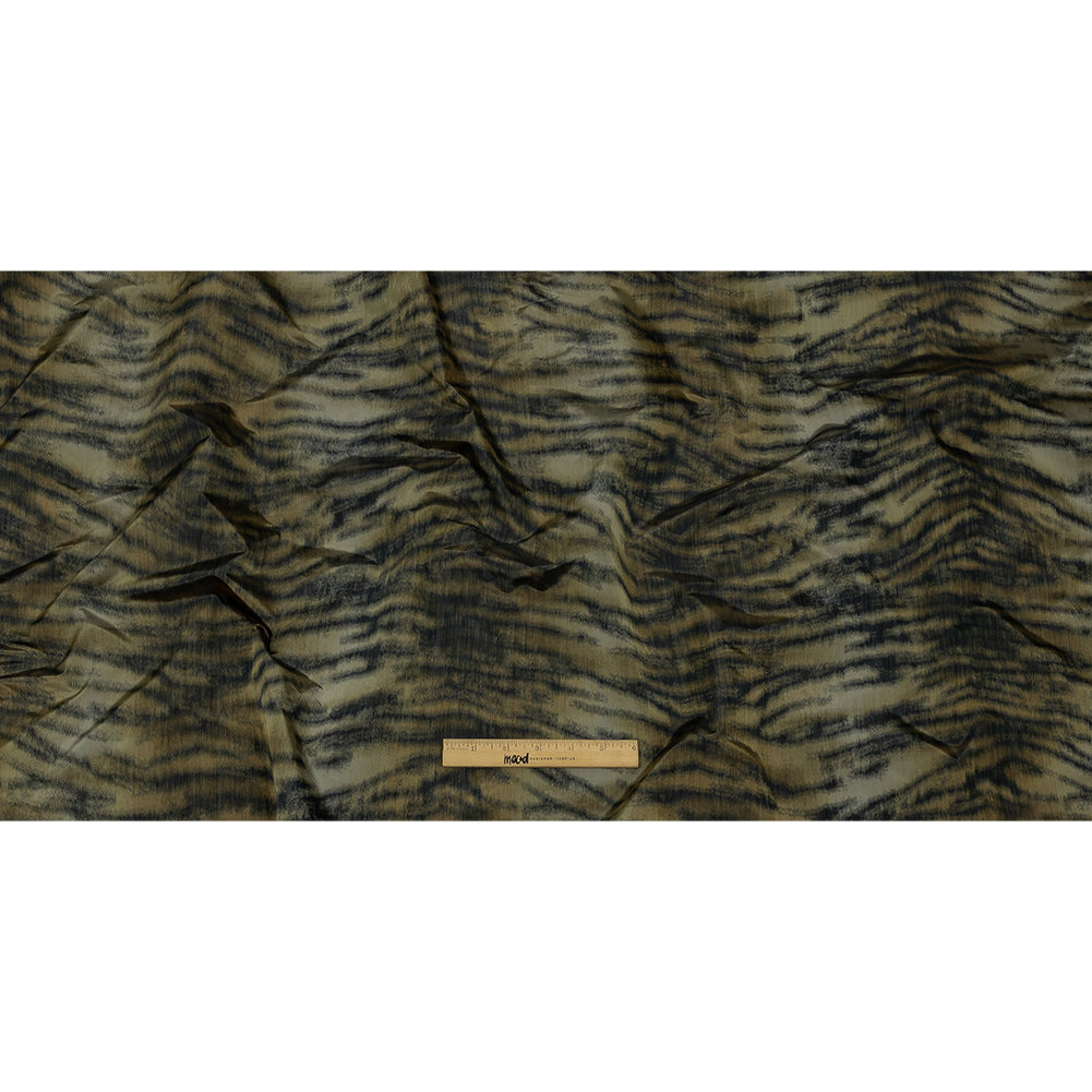 Italian Golden Olive and Black Tiger Stripes Warp Printed Polyester Faille