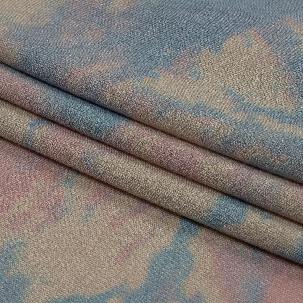 Beige, Blue and Pink Tie Dye Stretch Polyester and Rayon French Terry