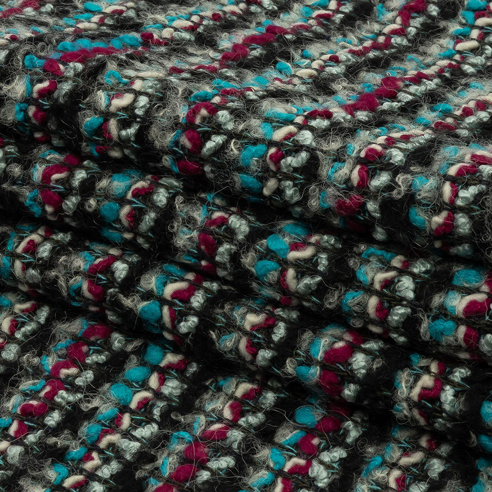 Charcoal, Magenta and Turquoise Striped Boucle Chunky Wool Sweater Knit