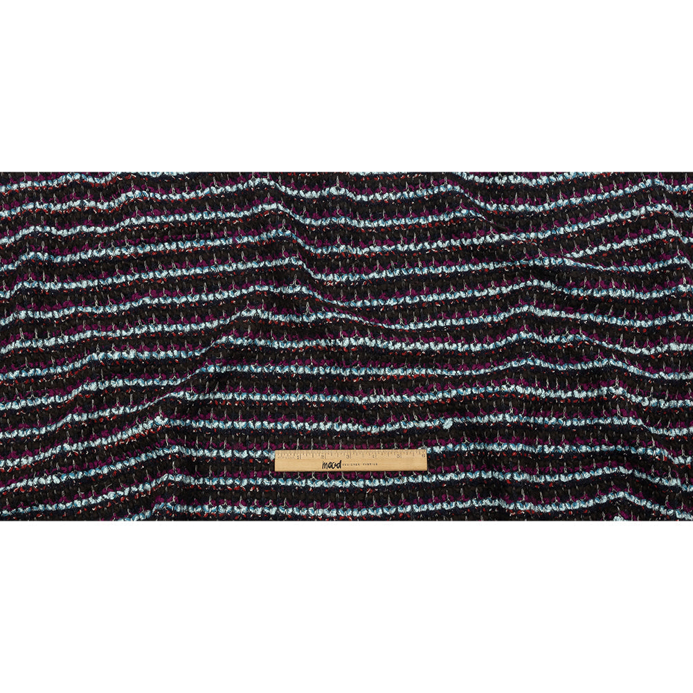 Navy, Sky Blue and Red Violet Striped Boucle Chunky Wool Sweater Knit
