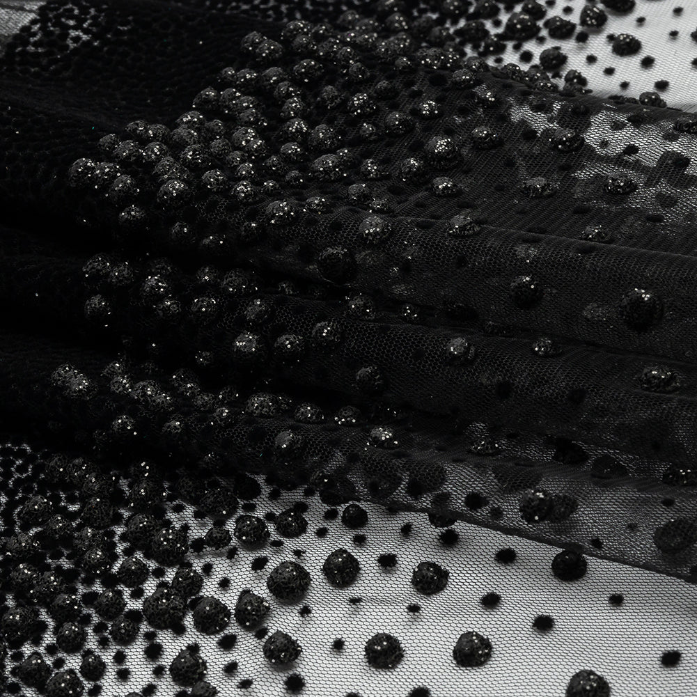 Flocked Puffy Glitter Tulle - Black Abstract Stripes
