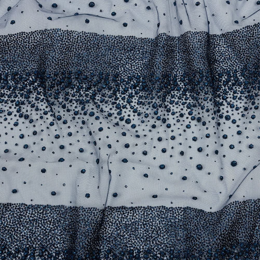 Flocked Puffy Glitter Tulle - Navy Abstract Stripes