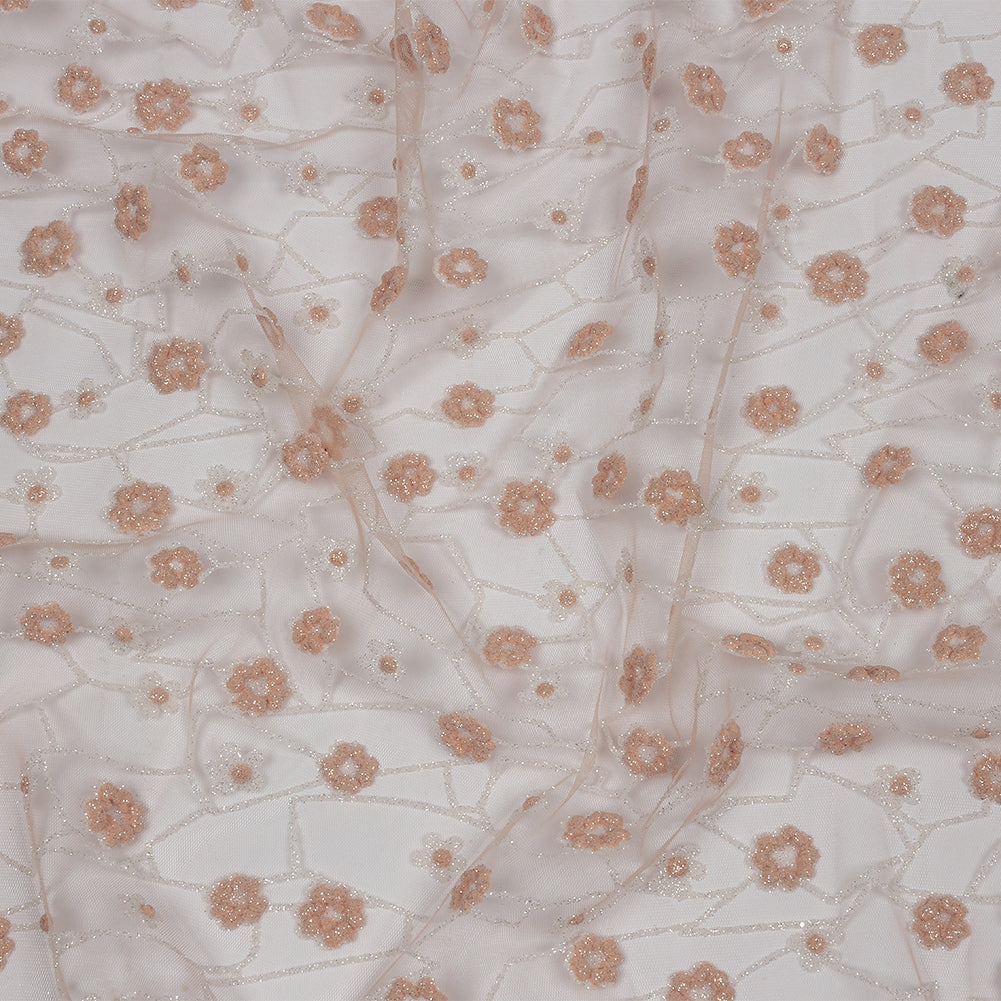 3D Puffy Glitter Tulle - Powder Pink and White Flowers and Geometric Stems
