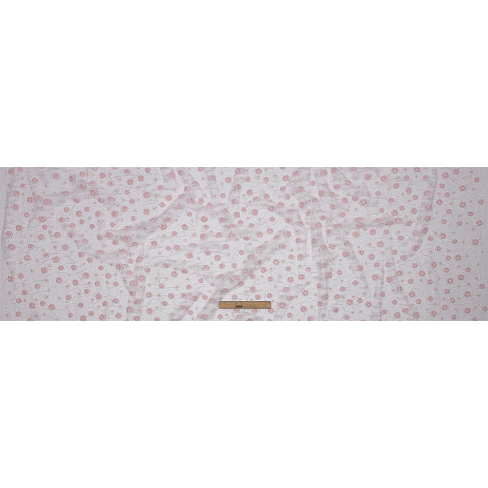 3D Puffy Glitter Tulle - Baby Pink and White Flowers and Geometric Stems