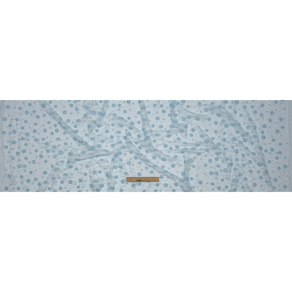 3D Puffy Glitter Tulle - Baby Blue and White Flowers and Geometric Stems