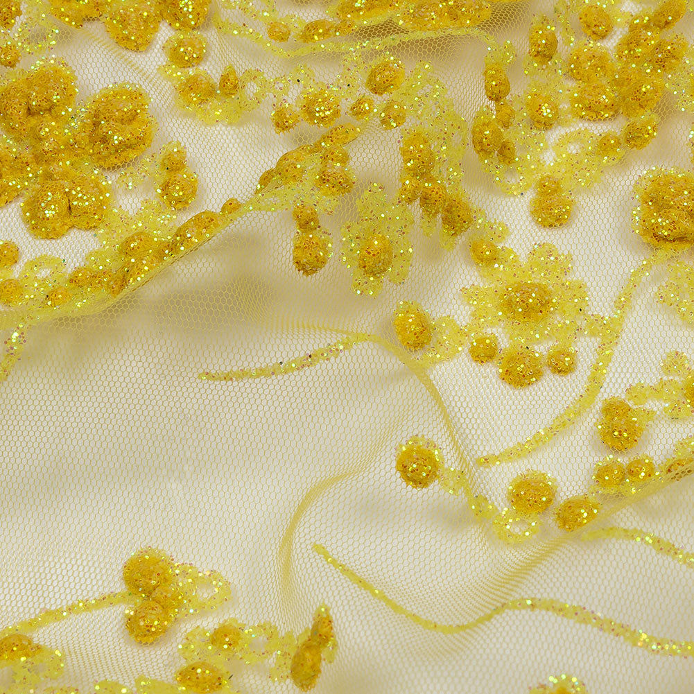 3D Puffy Glitter Tulle - Lemon and Mustard Floral Stripes
