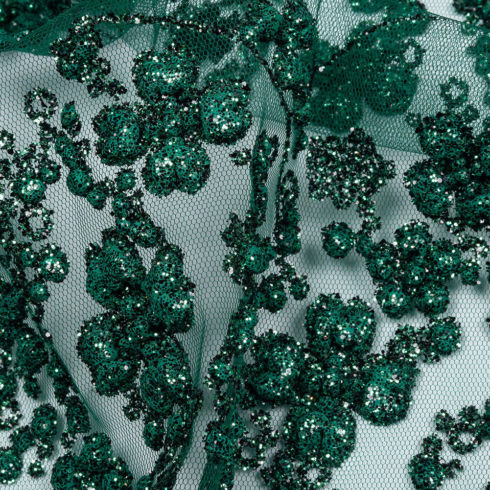 3D Puffy Glitter Tulle - Dark Emerald and Black Floral Stripes