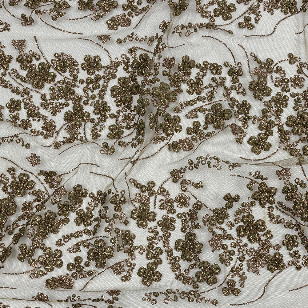 3D Puffy Glitter Tulle - Mink Floral Stripes