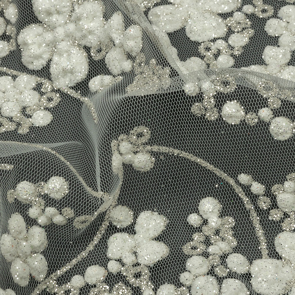 3D Puffy Glitter Tulle - Off White and Silver Floral Stripes