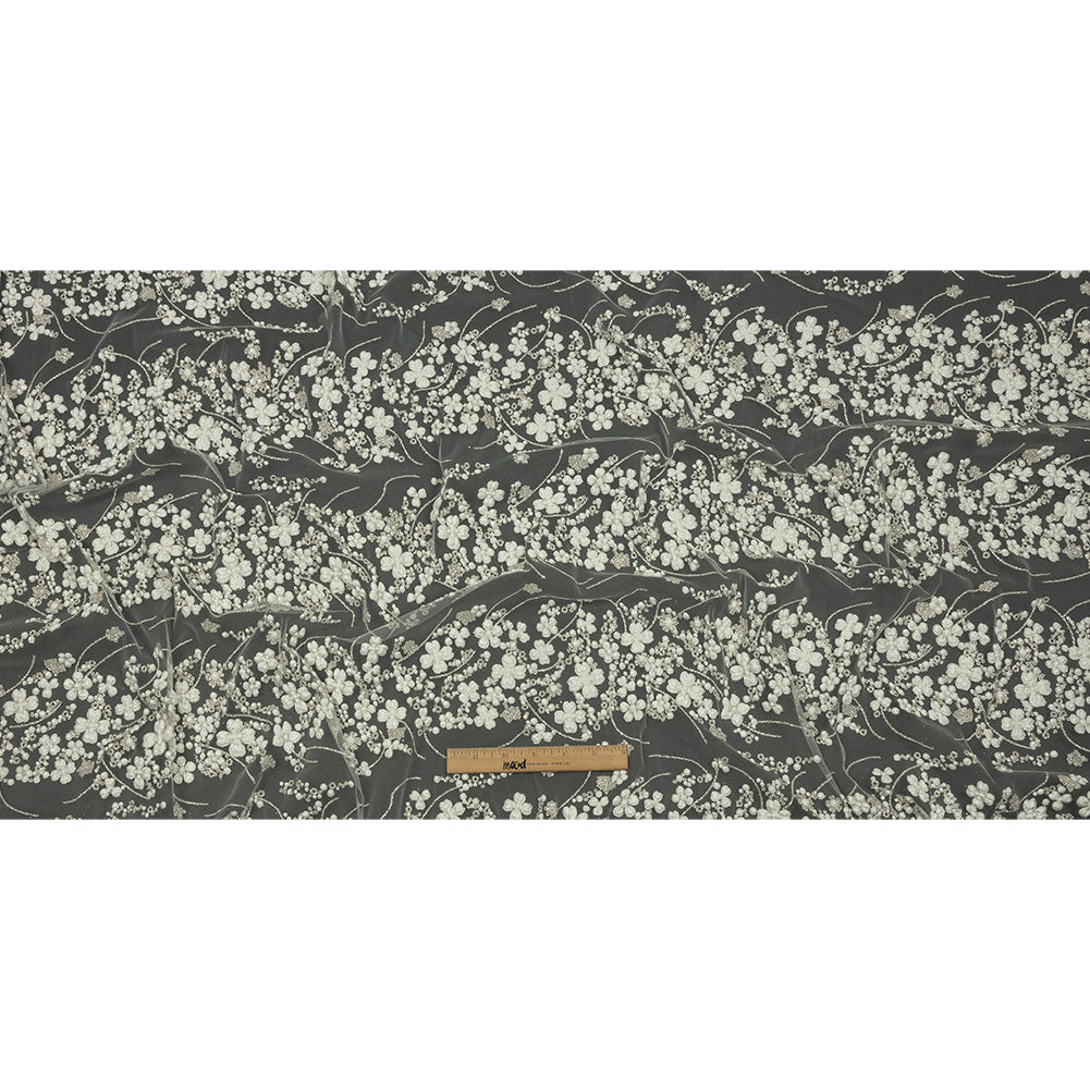3D Puffy Glitter Tulle - Off White and Silver Floral Stripes