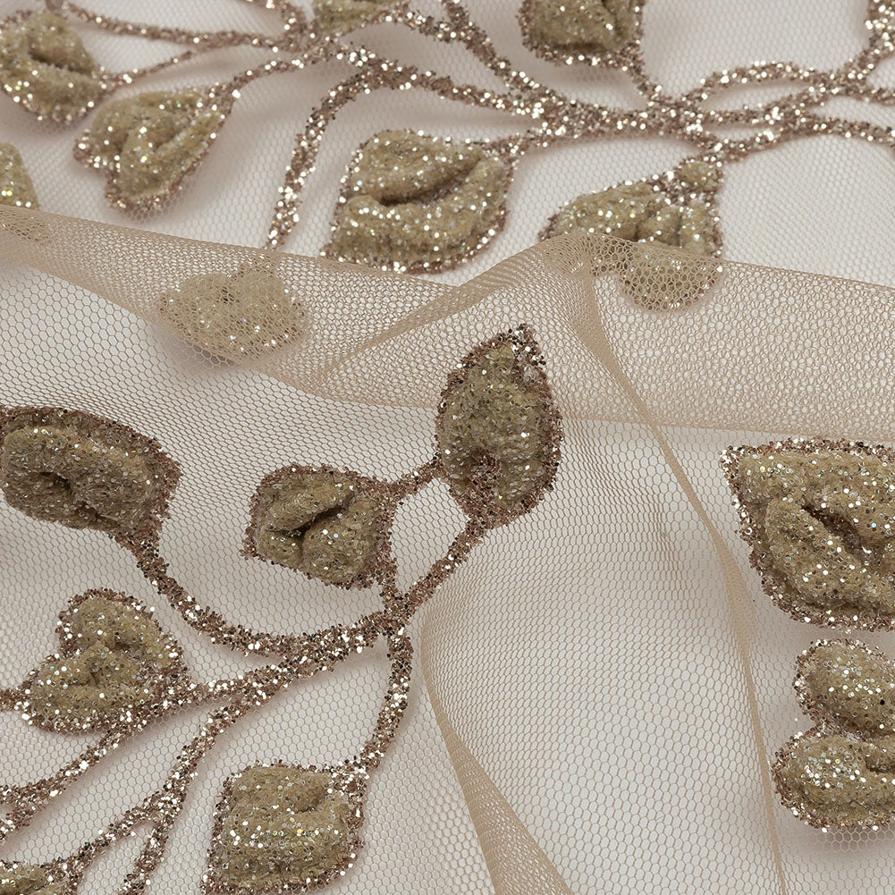 3D Puffy Glitter Tulle - Taupe Leafy Vines and Scalloped Borders