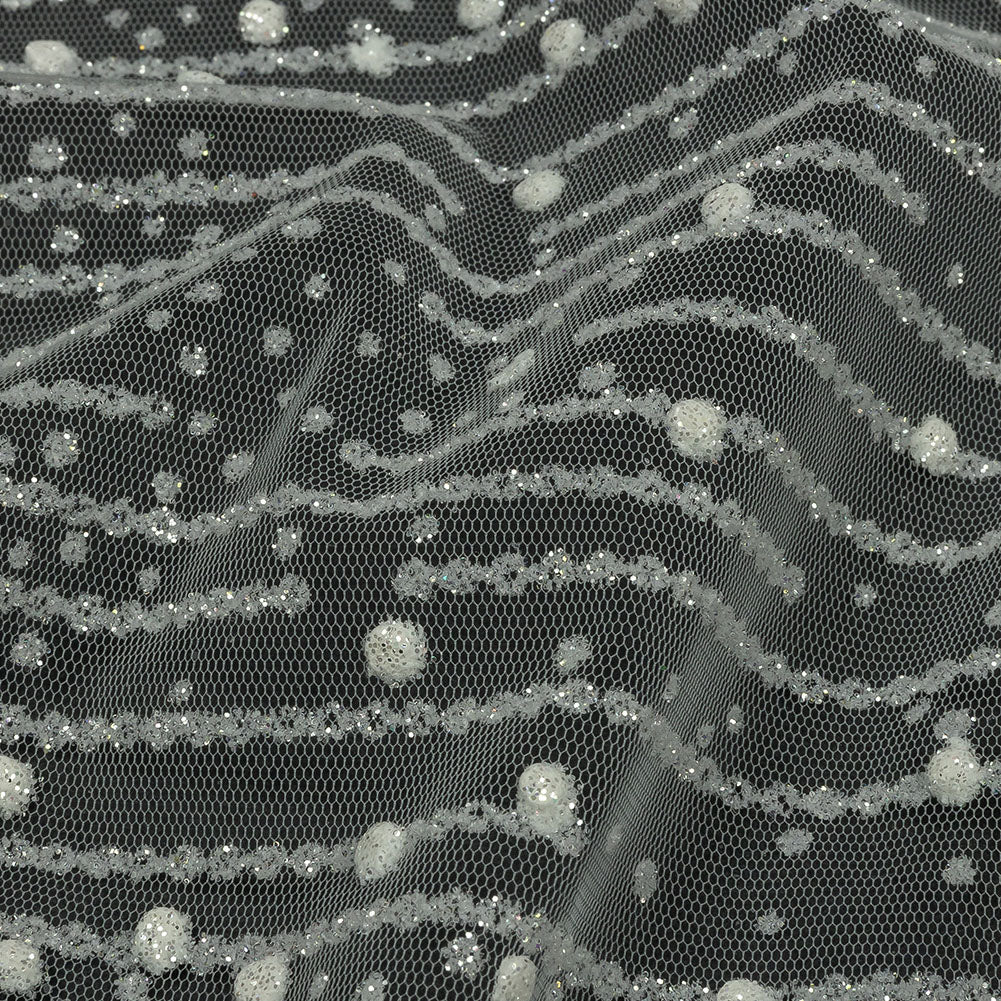 3D Puffy Glitter Tulle - White Spotted Striations