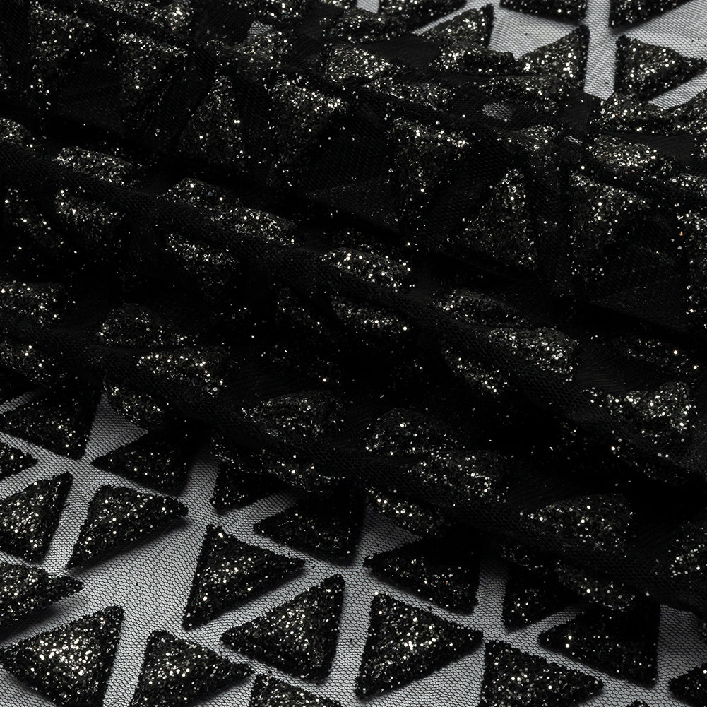 3D Puffy Glitter Tulle - Black Triangle Rows