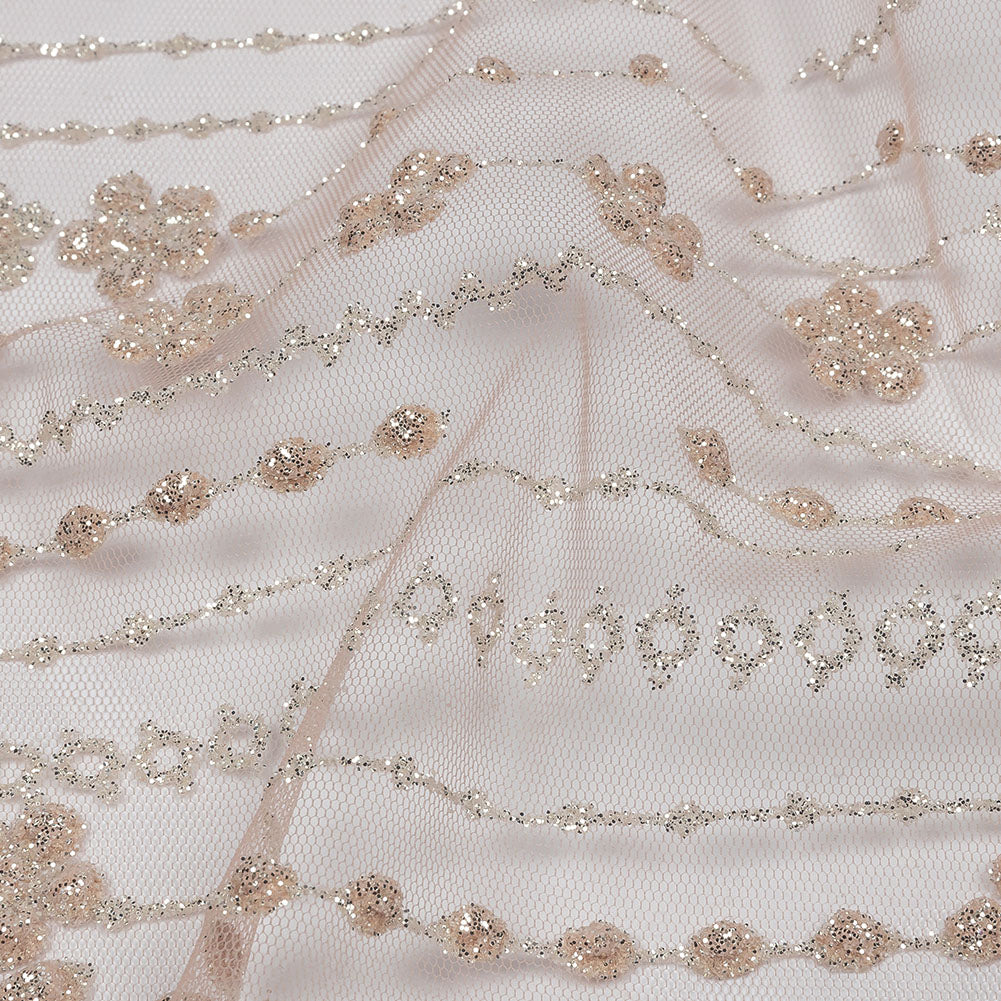 3D Puffy Glitter Tulle - Powder Pink and Silver Dotted Stripes and Floral Border