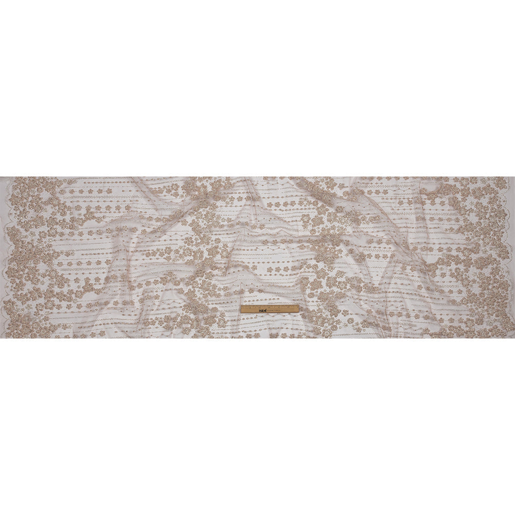 3D Puffy Glitter Tulle - Powder Pink and Silver Dotted Stripes and Floral Border