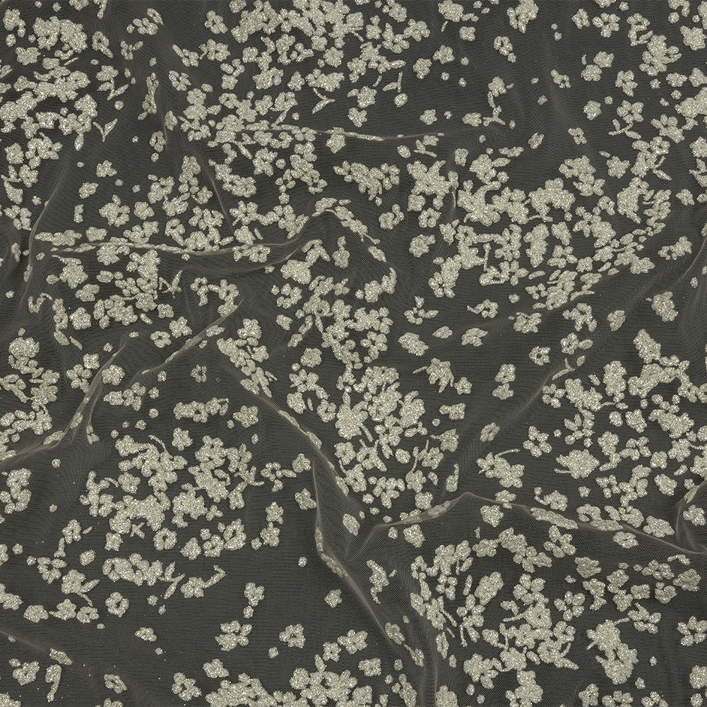 3D Puffy Glitter Tulle - Champagne and White Floral