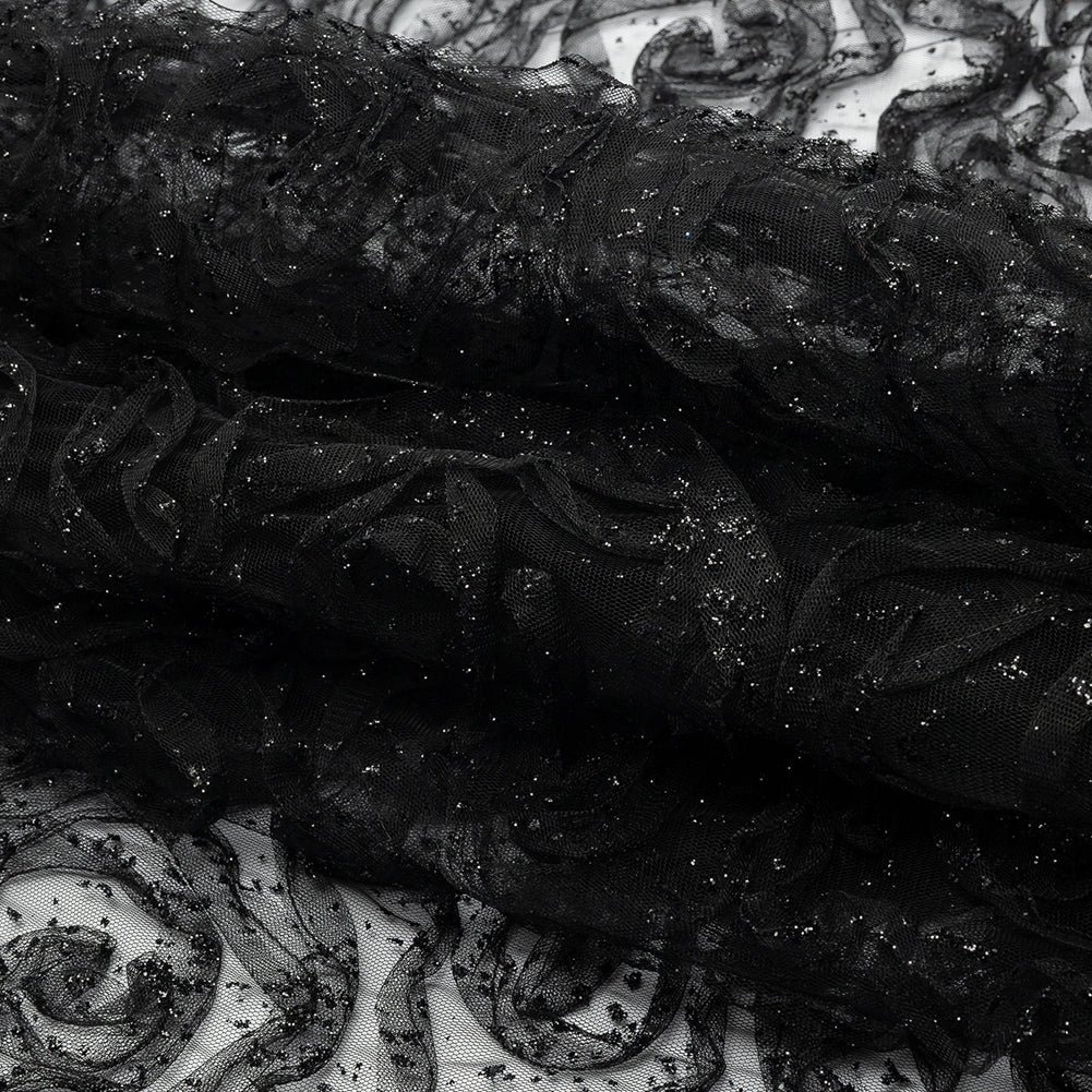 3D Fabric Roses Glitter Tulle - Black