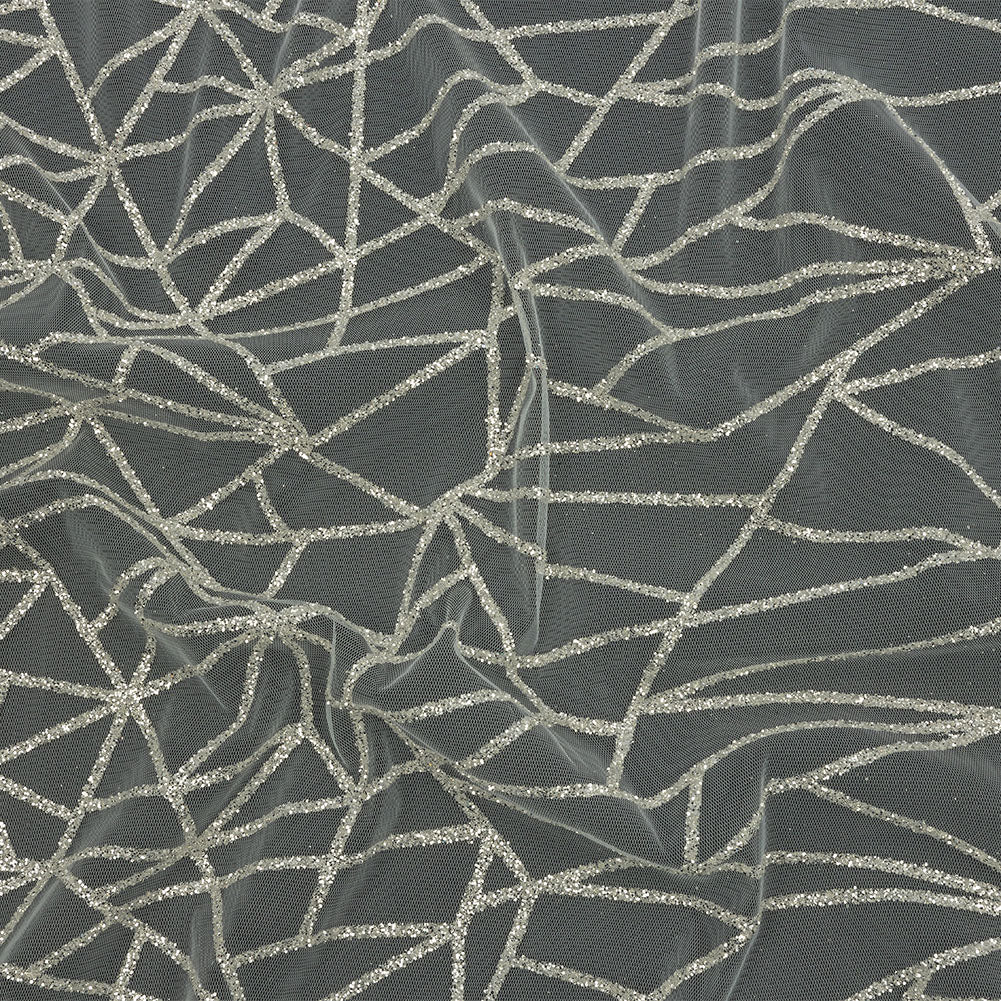Glitter Tulle - White and Silver Linear Geometry