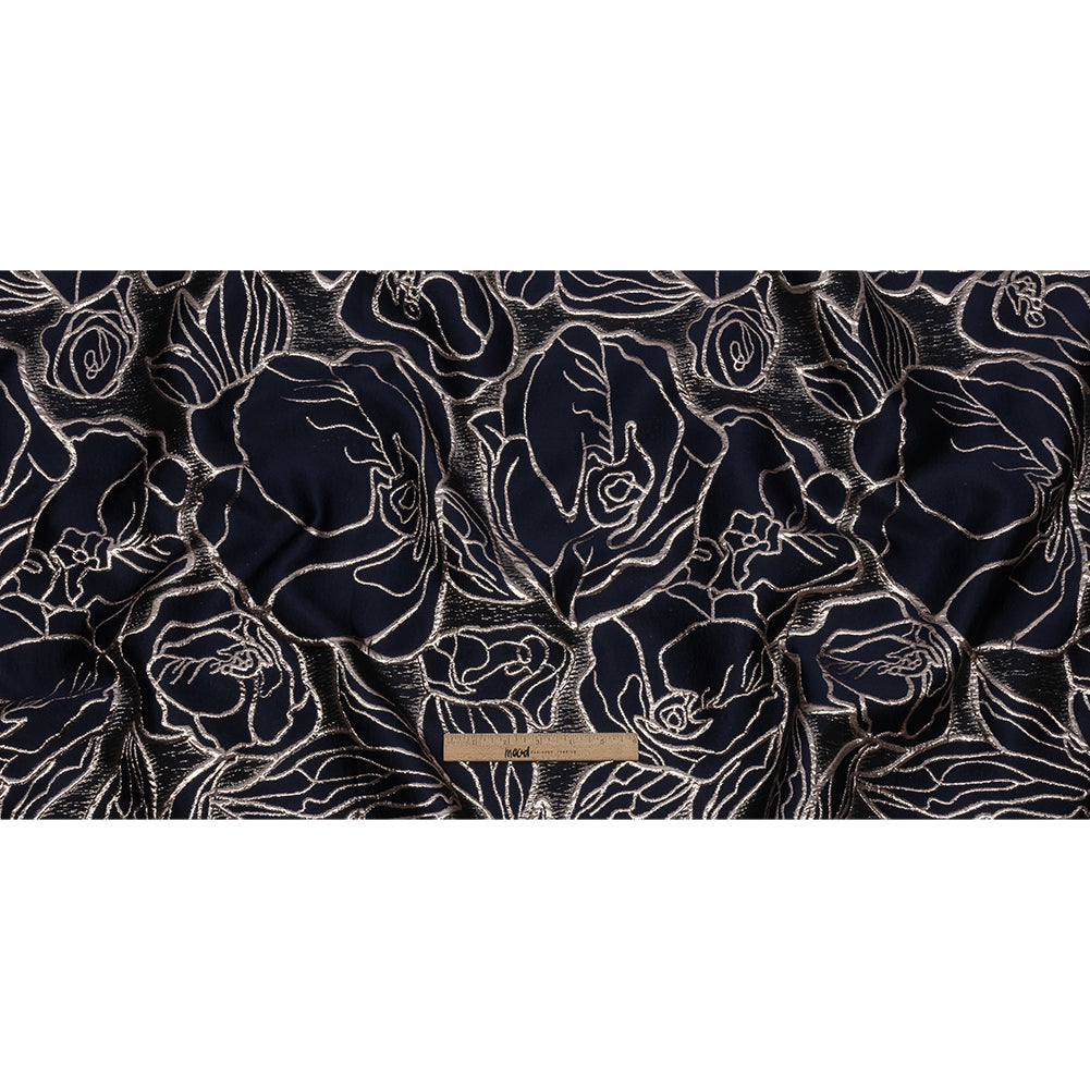 Metallic Rose Gold and Navy Outlined Florals Luxury Brocade