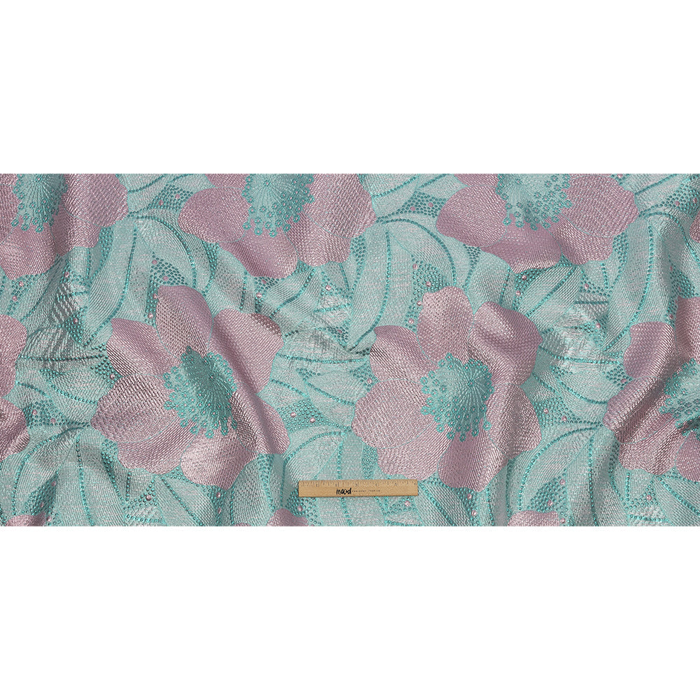 Metallic Teal and Lilac Tropical Flowers Luxury Brocade