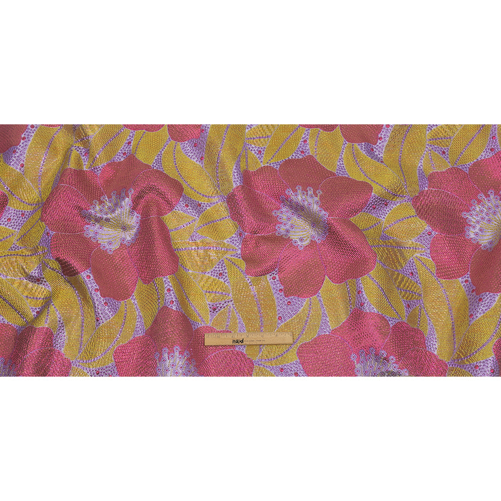 Metallic Purple, Pink and Yellow Tropical Flowers Luxury Brocade