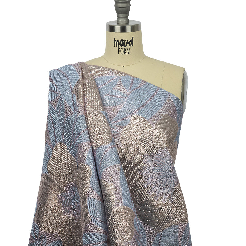 Metallic Rose Gold, Periwinkle and Lavender Tropical Flowers Luxury Brocade