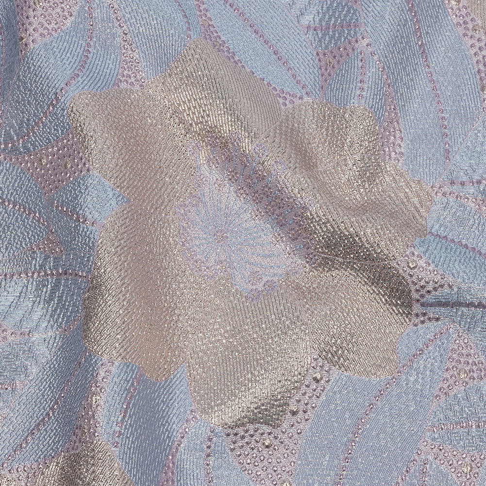 Metallic Rose Gold, Periwinkle and Lavender Tropical Flowers Luxury Brocade