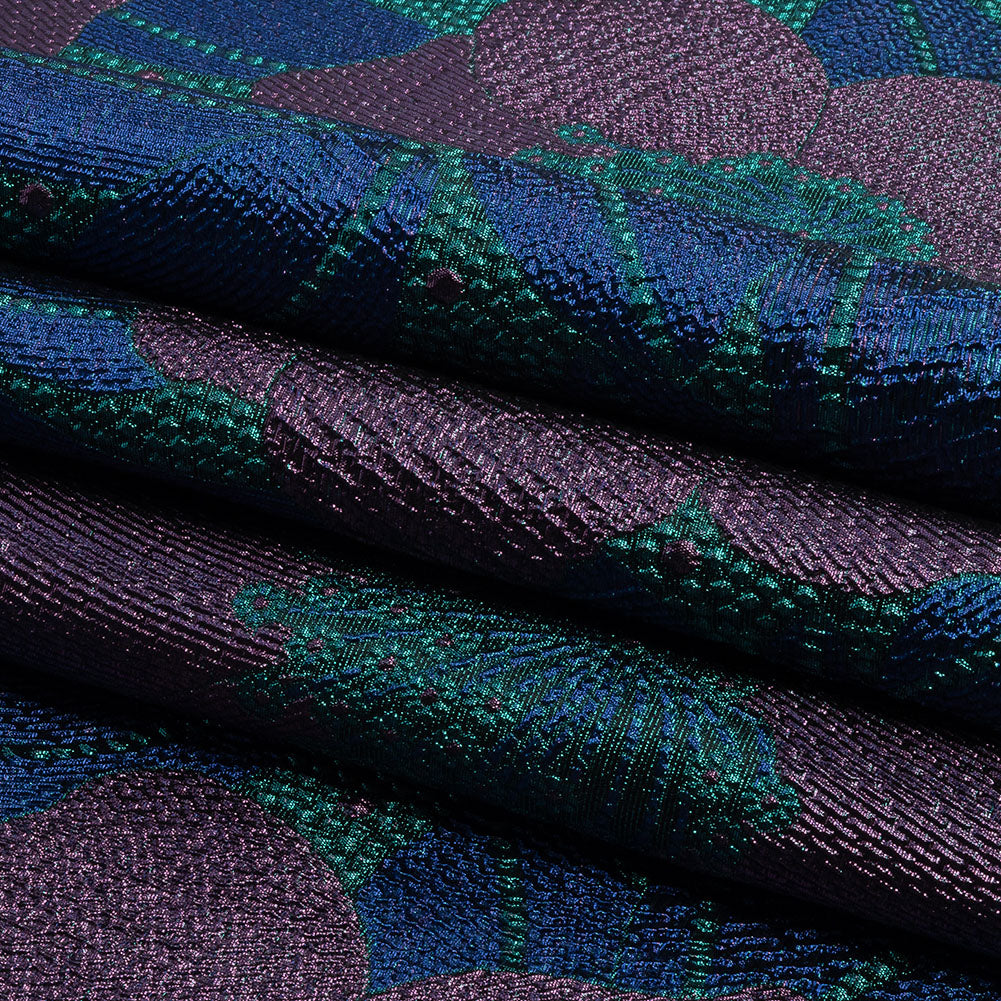 Metallic Purple, Royal Blue and Teal Tropical Flowers Luxury Brocade