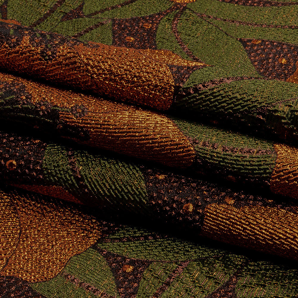 Metallic Orange, Olive and Black Tropical Flowers Luxury Brocade