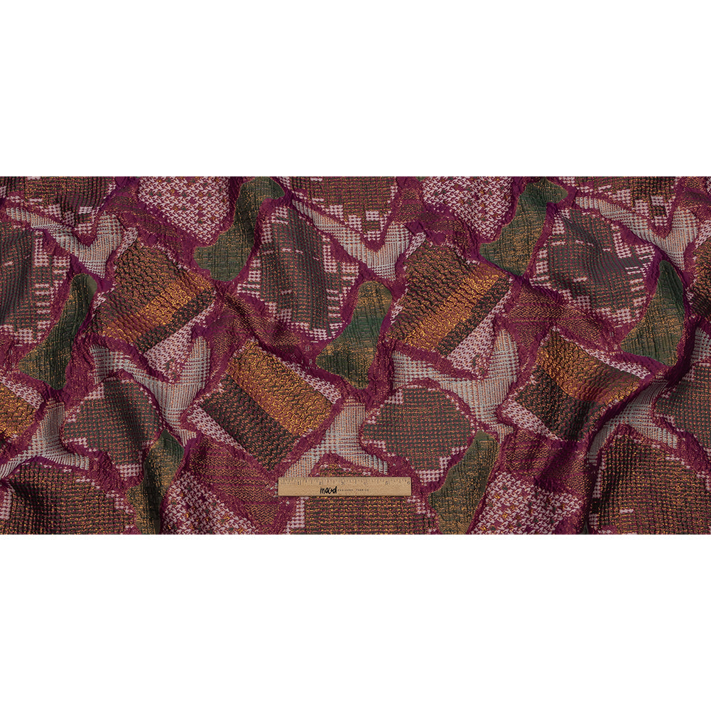 Metallic Gold, Magenta and Forest Abstract Patchwork Luxury Brocade
