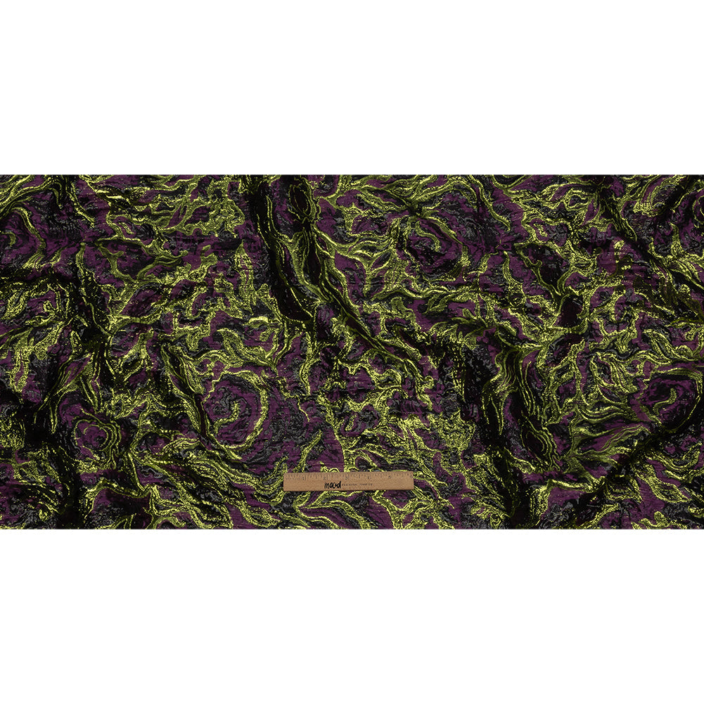 Metallic Lime, Black and Aubergine Smoky Swirls Luxury Brocade