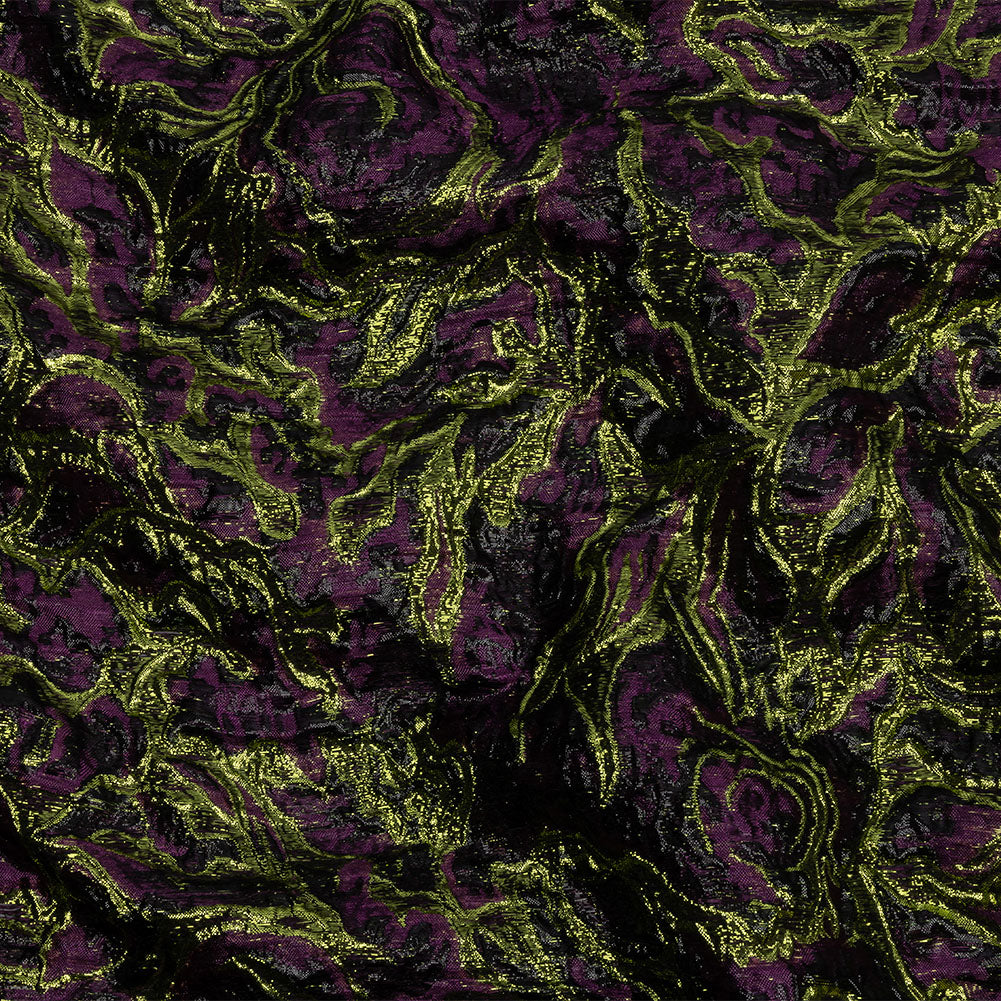 Metallic Lime, Black and Aubergine Smoky Swirls Luxury Brocade