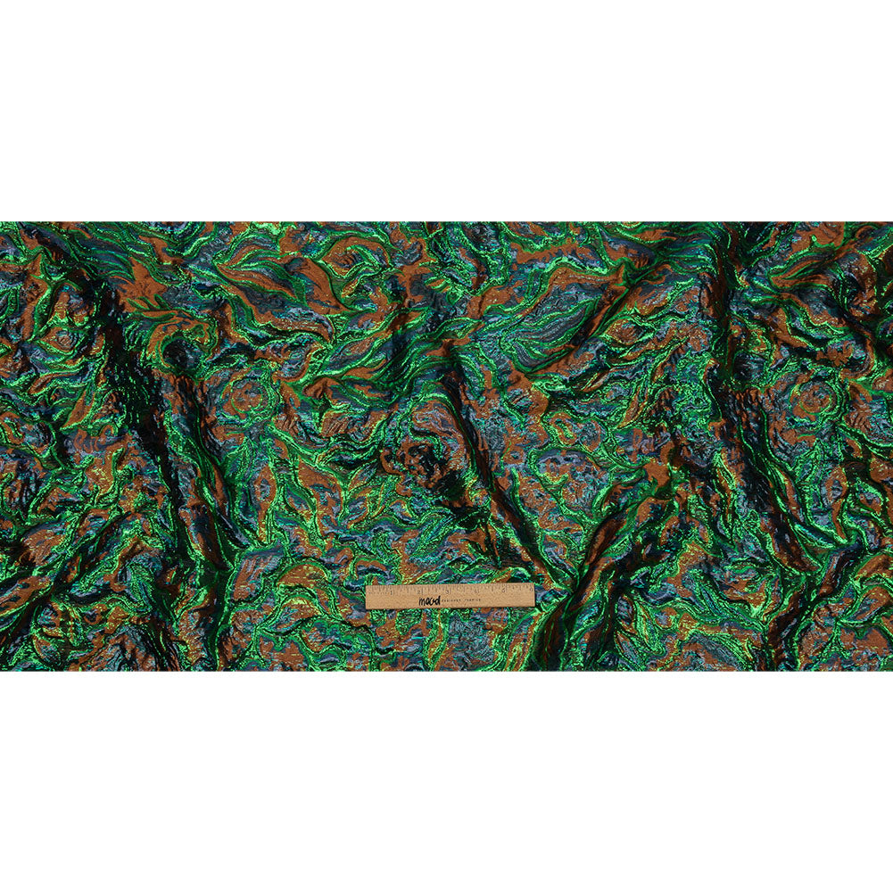 Metallic Green, Navy and Pumpkin Smoky Swirls Luxury Brocade