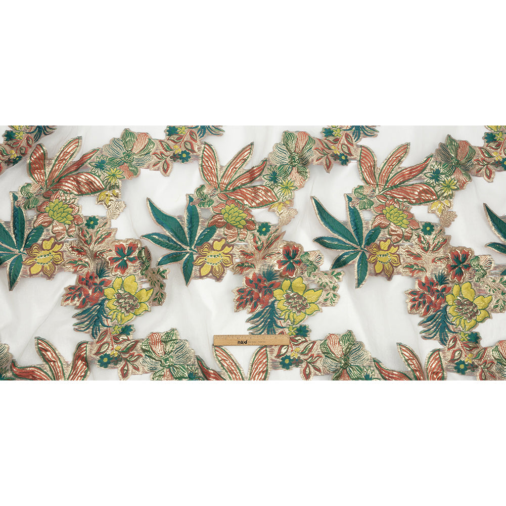 Metallic Forest, Coral and Lemon Floral Luxury Burnout Brocade