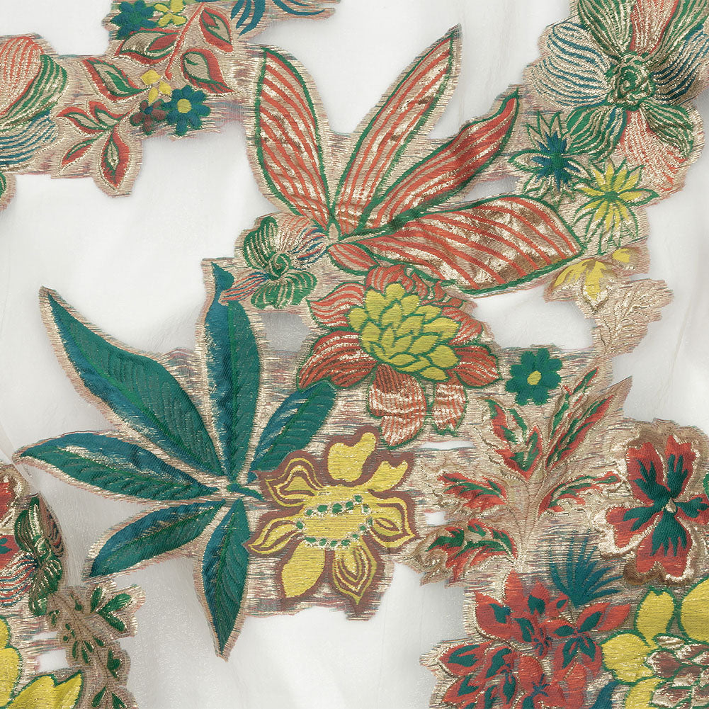 Metallic Forest, Coral and Lemon Floral Luxury Burnout Brocade