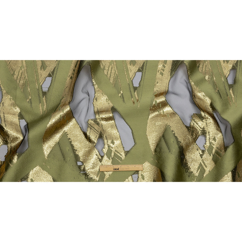 Metallic Gold and Olive Painterly Geometrics Luxury Burnout Brocade
