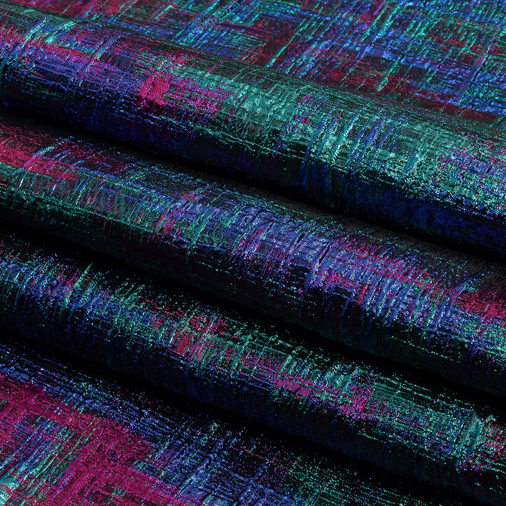 Metallic Teal, Royal and Magenta Distressed Plaid Luxury Brocade