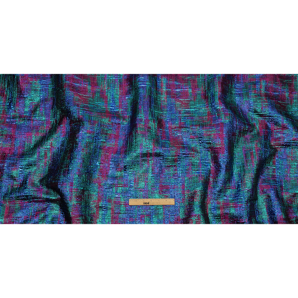 Metallic Teal, Royal and Magenta Distressed Plaid Luxury Brocade