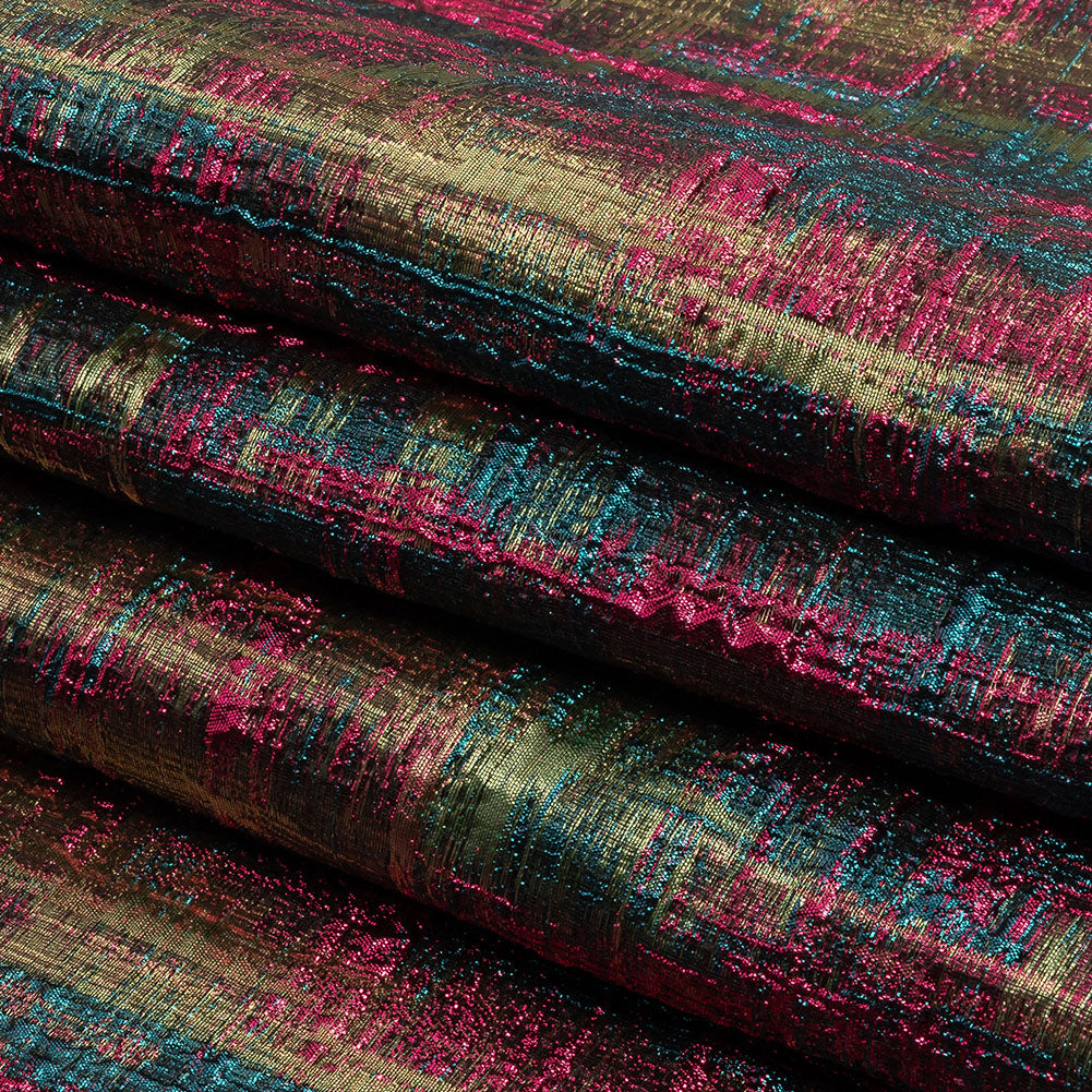 Metallic Magenta, Forest and Olive Distressed Plaid Luxury Brocade