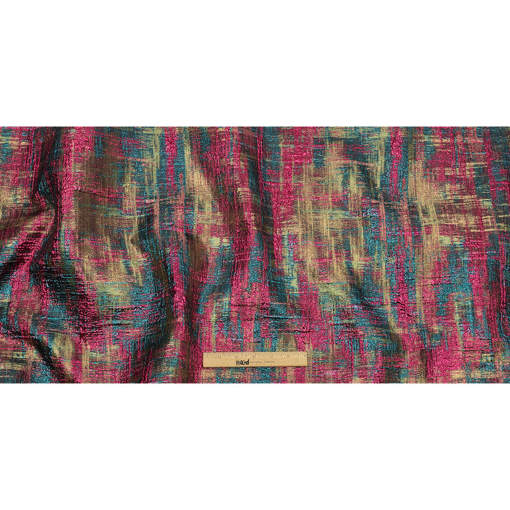 Metallic Magenta, Forest and Olive Distressed Plaid Luxury Brocade