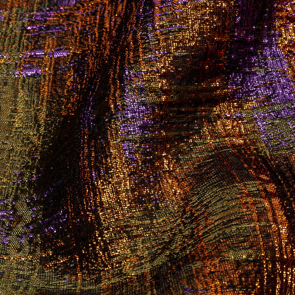Metallic Olive, Purple and Pumpkin Distressed Plaid Luxury Brocade