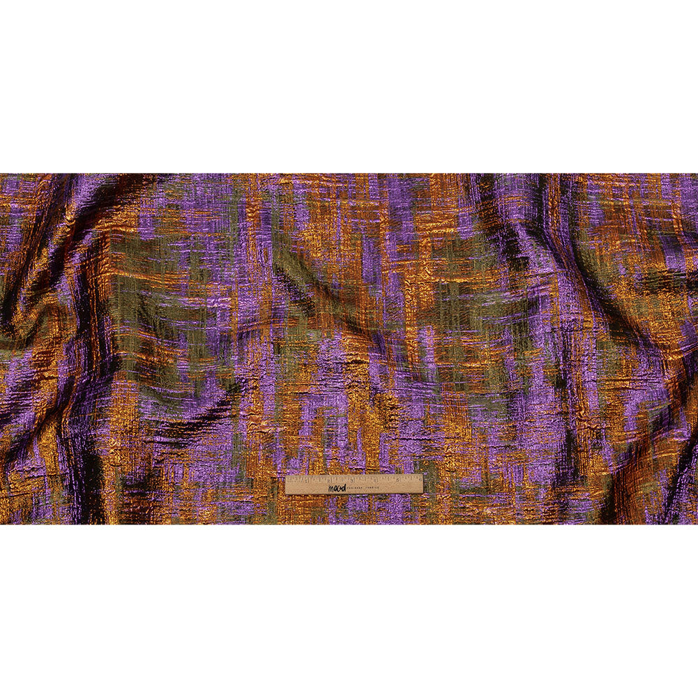 Metallic Olive, Purple and Pumpkin Distressed Plaid Luxury Brocade