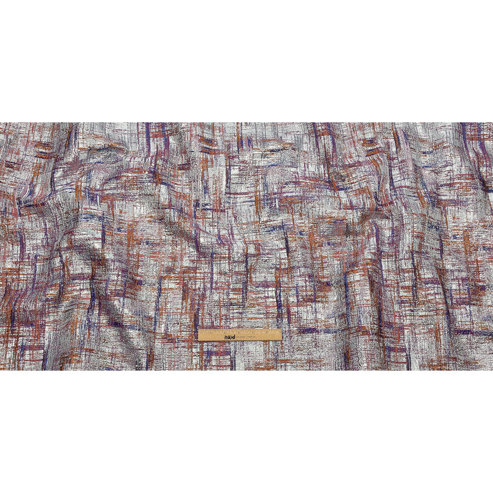Metallic Silver, Orange and Navy Crosshatching Luxury Brocade