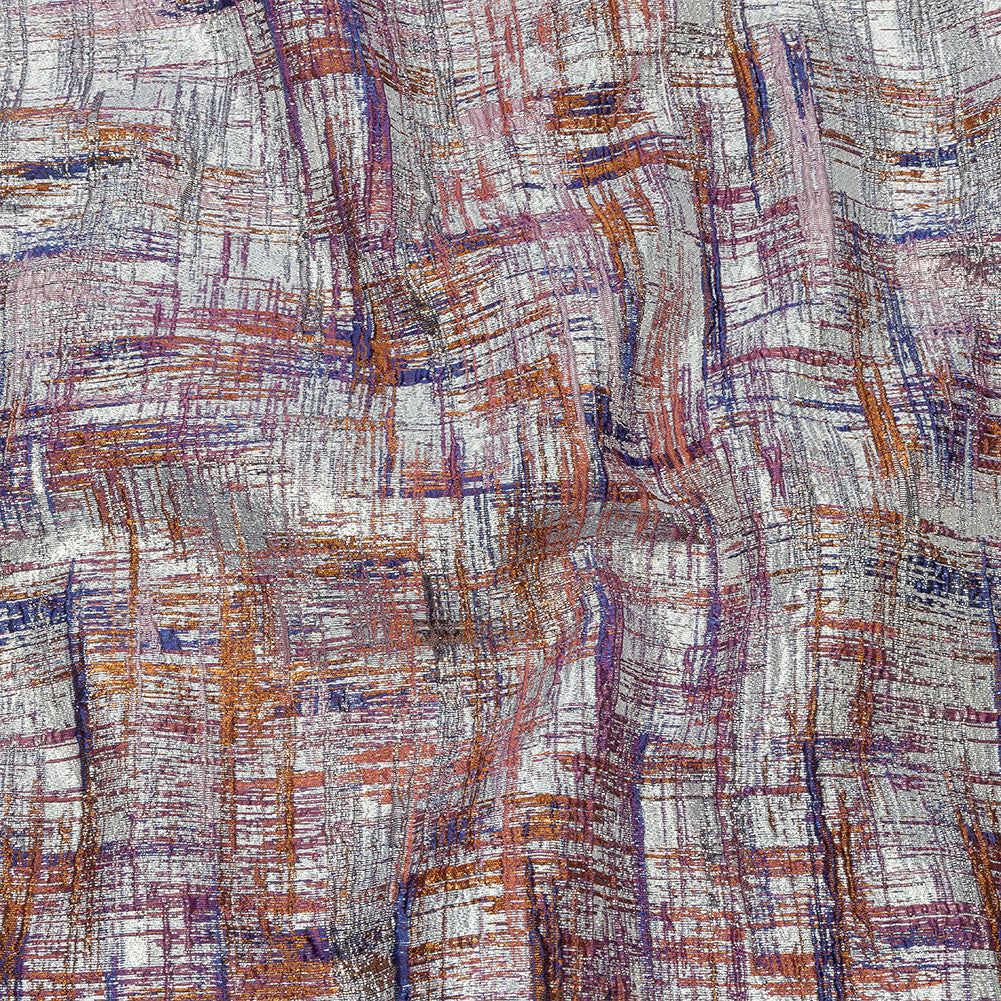 Metallic Silver, Orange and Navy Crosshatching Luxury Brocade