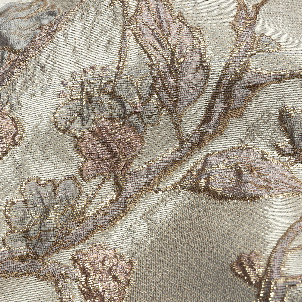 Metallic Gray, Gold and Bubblegum Pink Flowering Vines Luxury Brocade