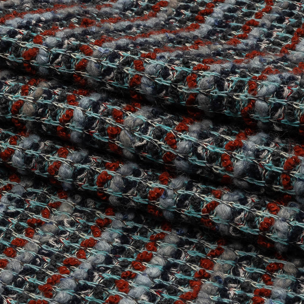 Burnt Orange, Gray, and Blue Boucle Stripes Chunky Wool Blend Sweater Knit