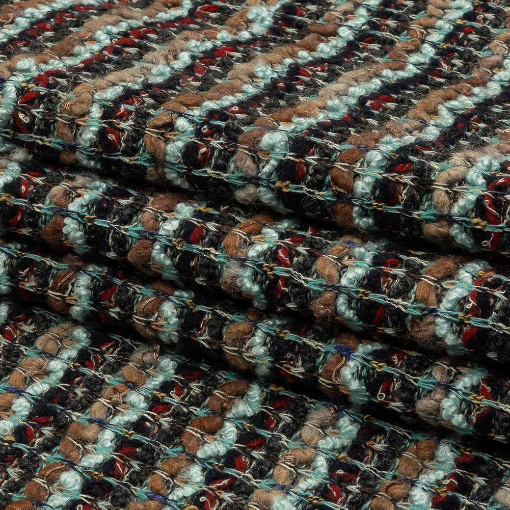 Tan, Baby Blue and Red Striped Chunky Boucle Sweater Knit